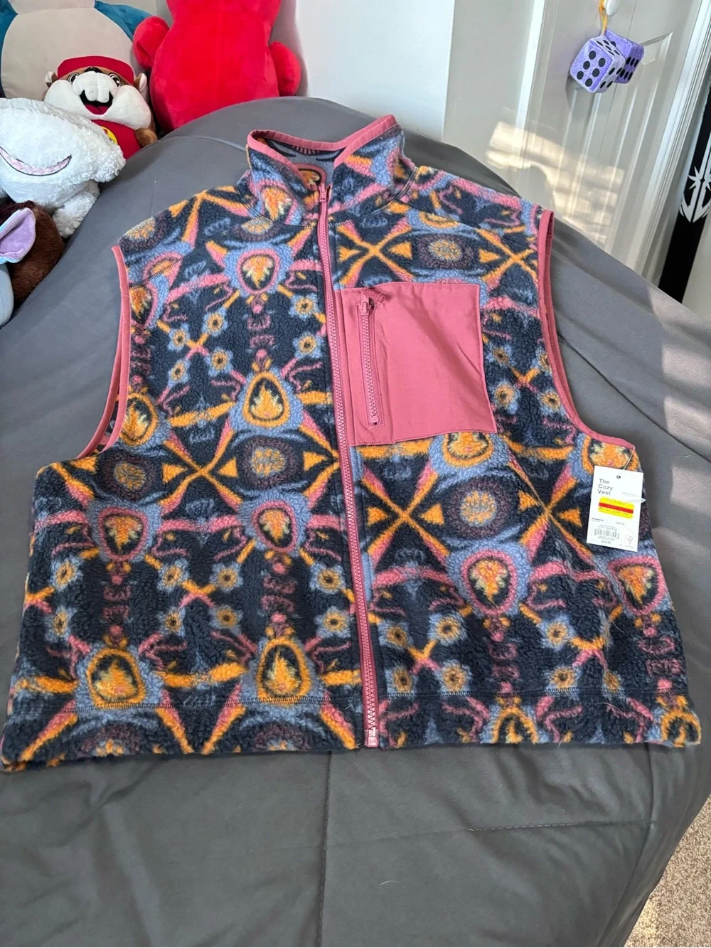 SO Multicolor Patterned Fleece Vest with Pink Trim